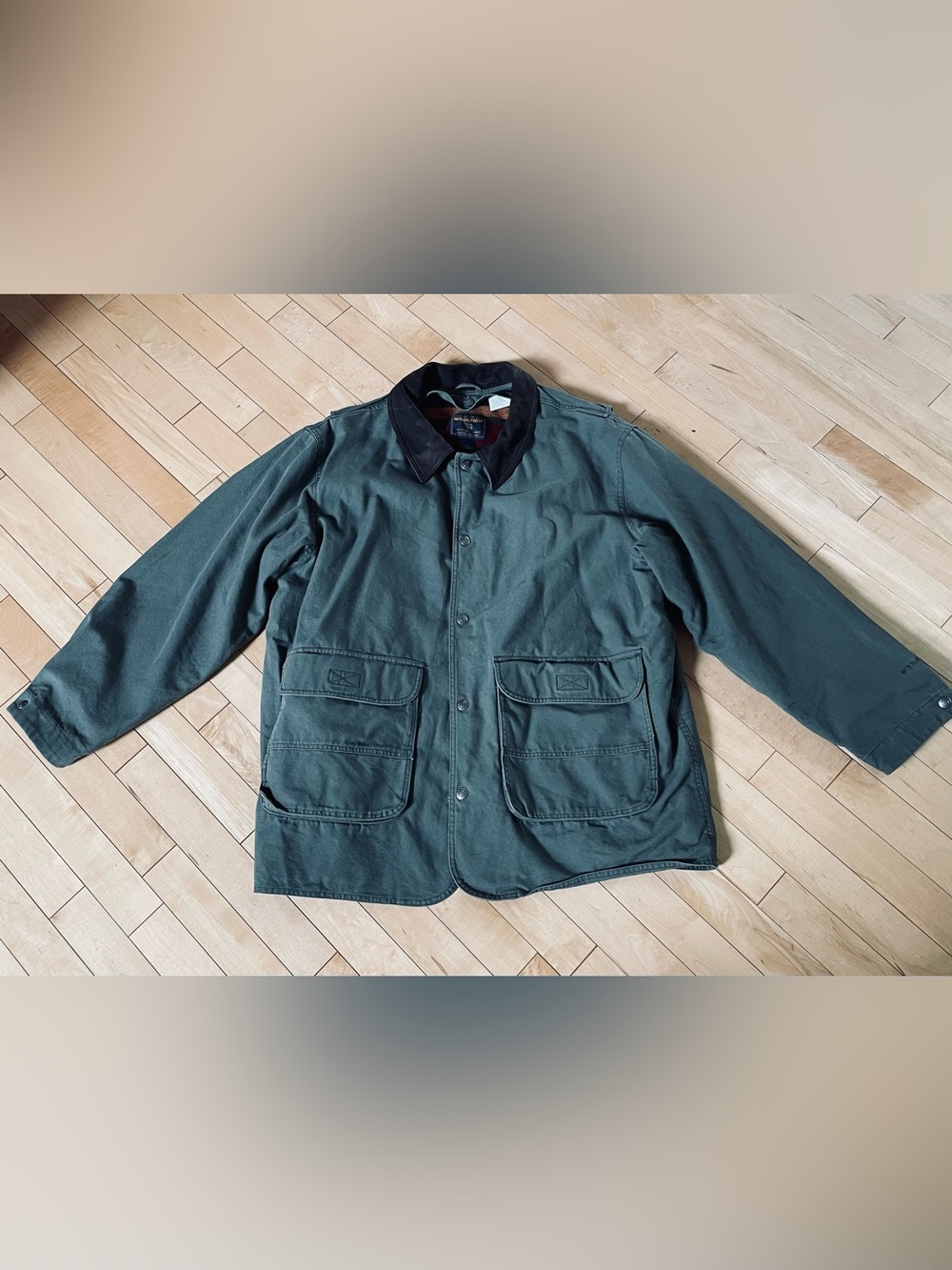 Woolrich Vintage Men’s Loden Canvas Striped Wool Inner Barn Chore Coat XL